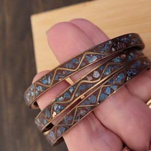 3 Vintage Brass, Crushed Turquoise Bangle Bracelets